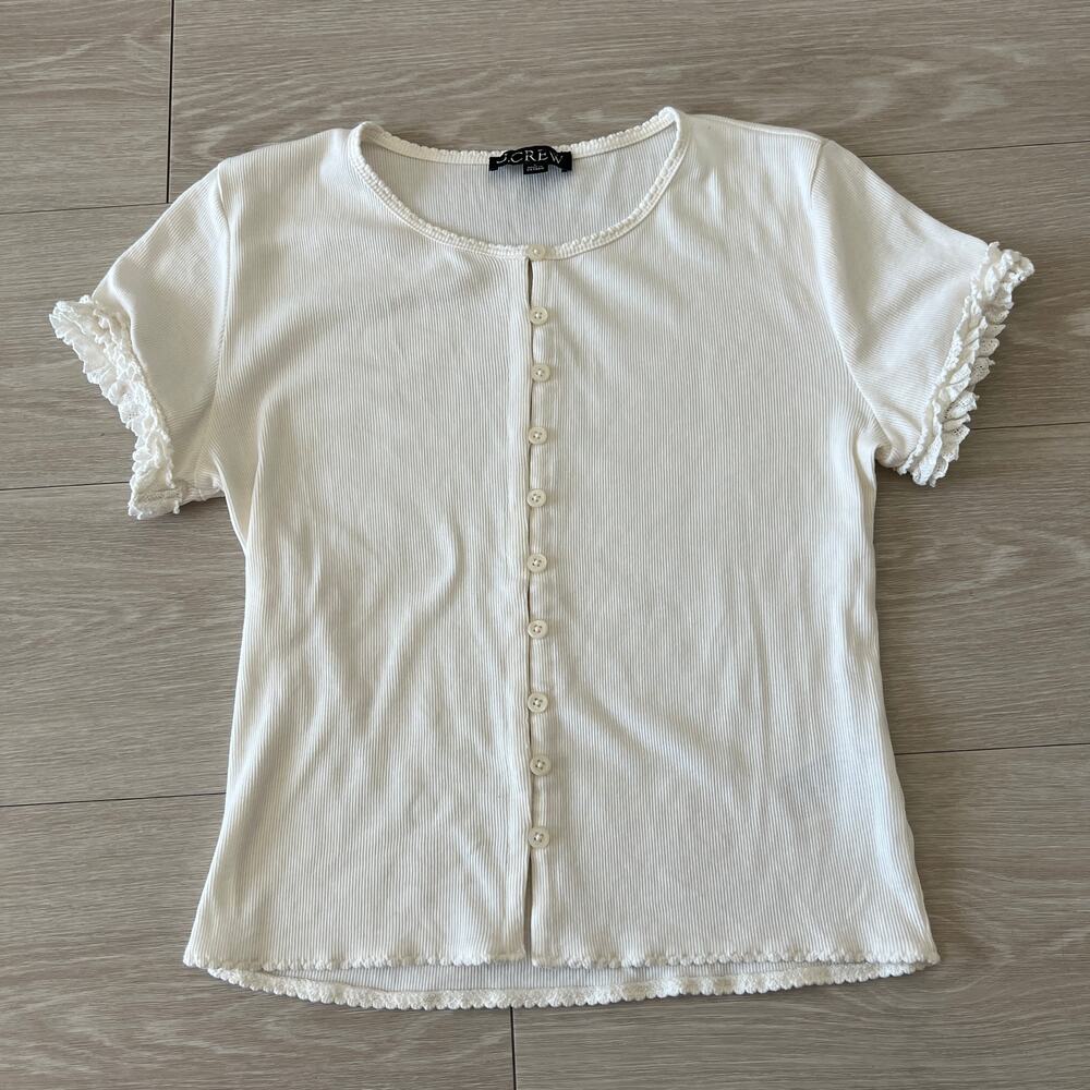 J Crew Fine Rib Crochet Trim Top Small Tiny Flaw